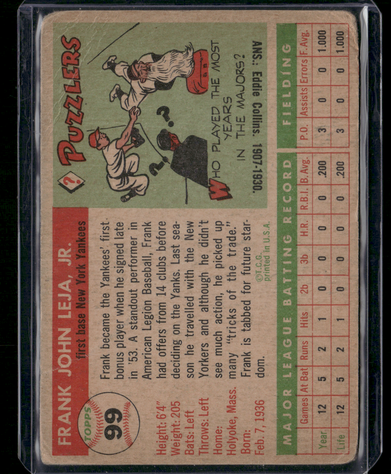 1954 Topps FRANK LEJA #99 Wrinkles (Good)