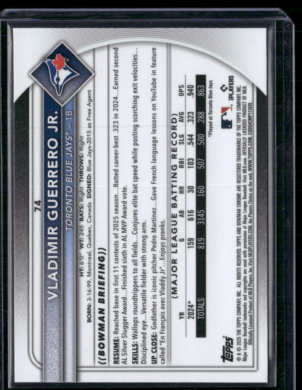 2025 Bowman Chrome VLADIMIR GUERRERO JR #74 Mega