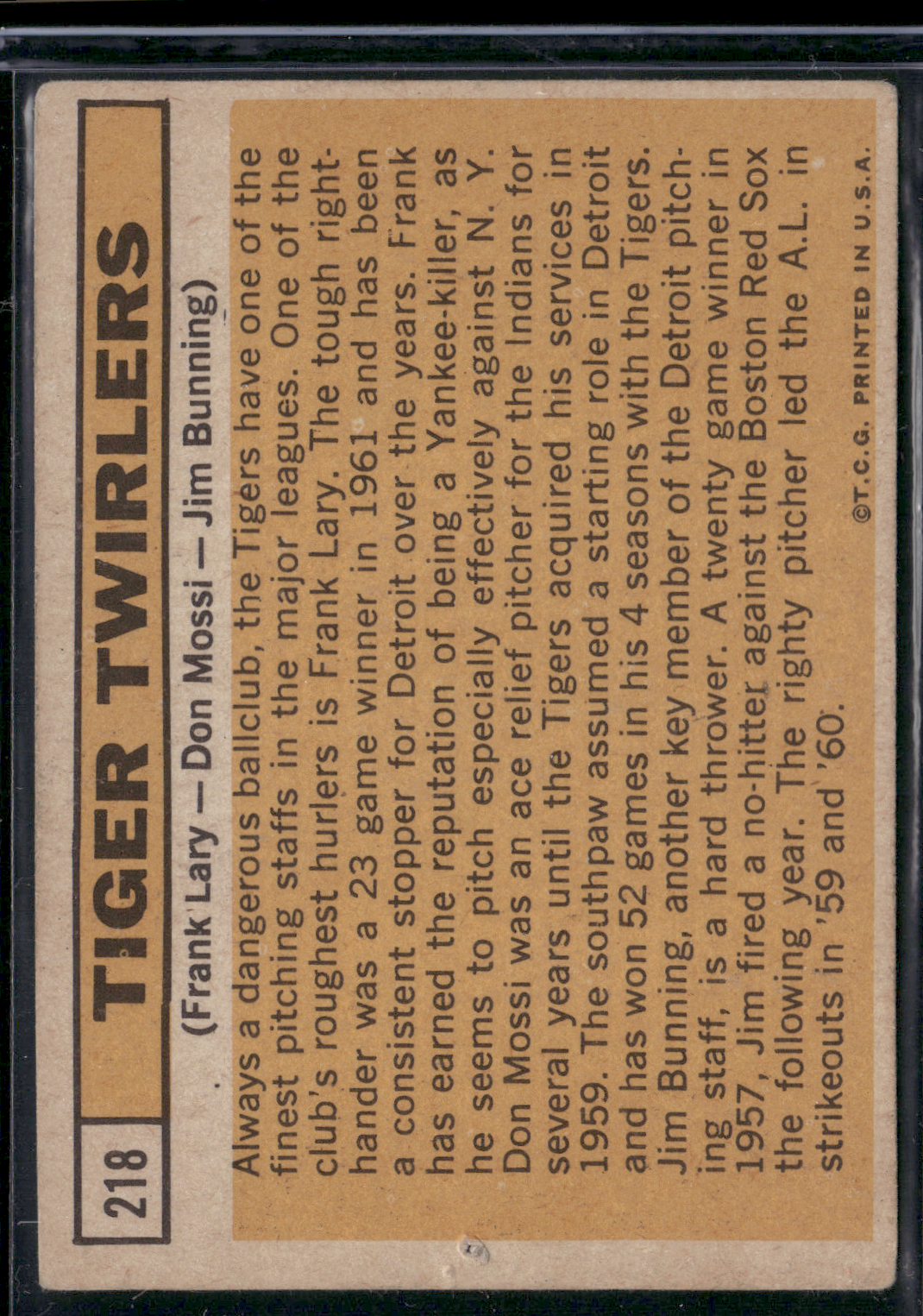 1963 Topps FRANK LARY/DON MOSSI/JIM BUNNING #218 Tiger Twirlers