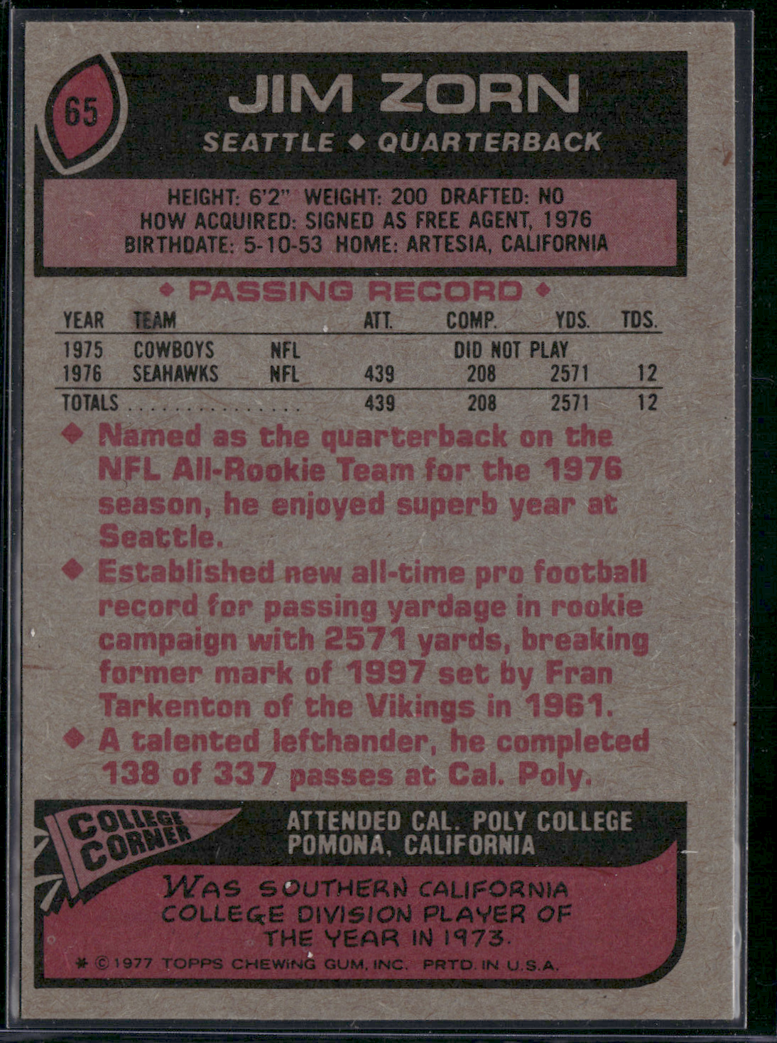 1977 Topps JIM ZORN #65 Grain Raise (EX)