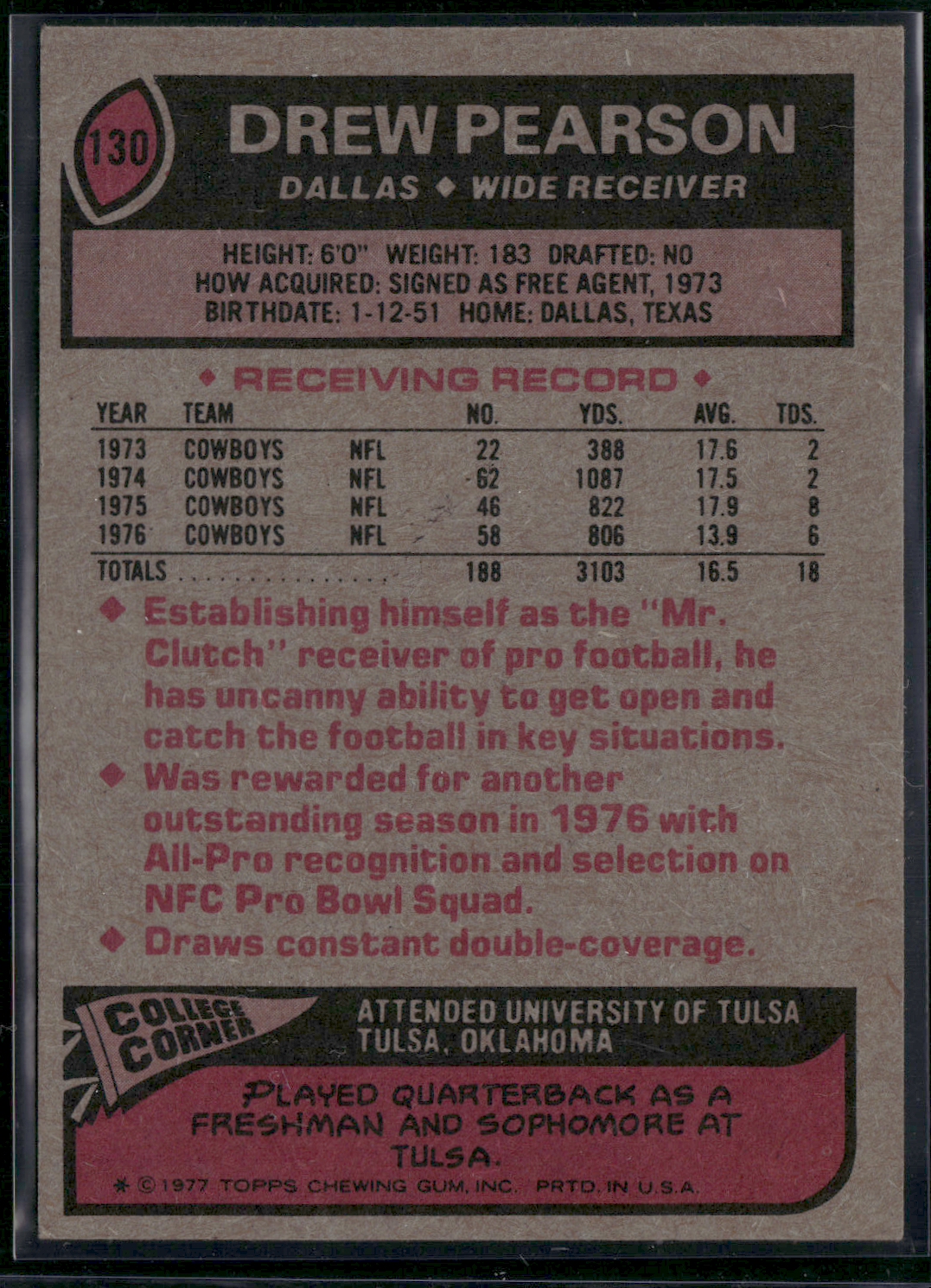 1977 Topps DREW PEARSON #130 Light Scratch (VG/EX)