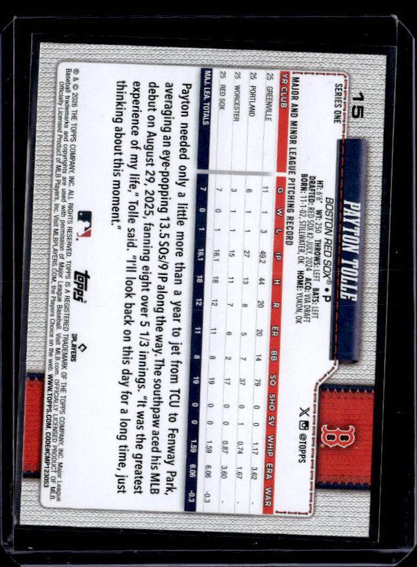 2026 Topps Series 1 PAYTON TOLLE #15 Rookie RC
