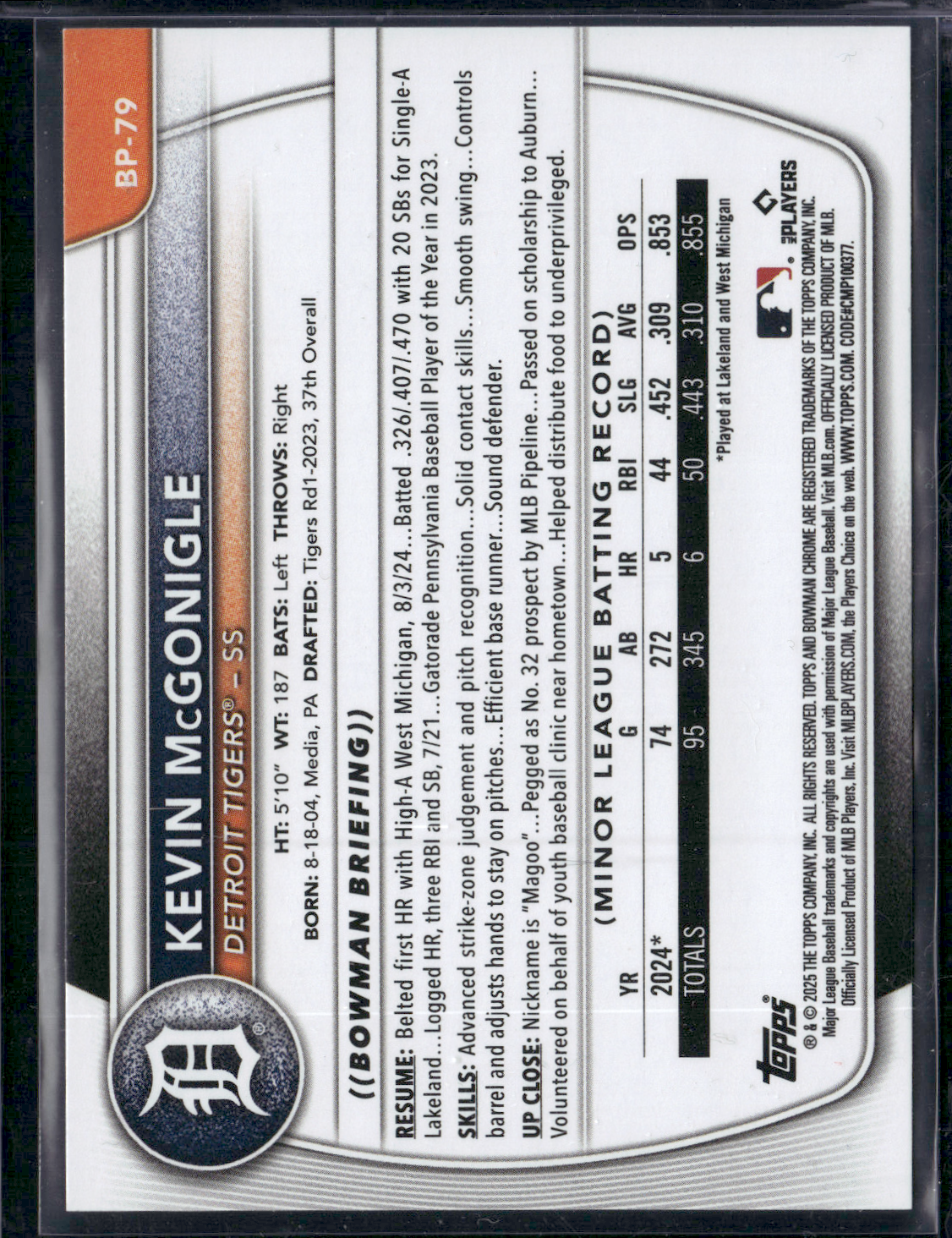 2025 Bowman KEVIN MCGONIGLE #BP-79 1st Bowman