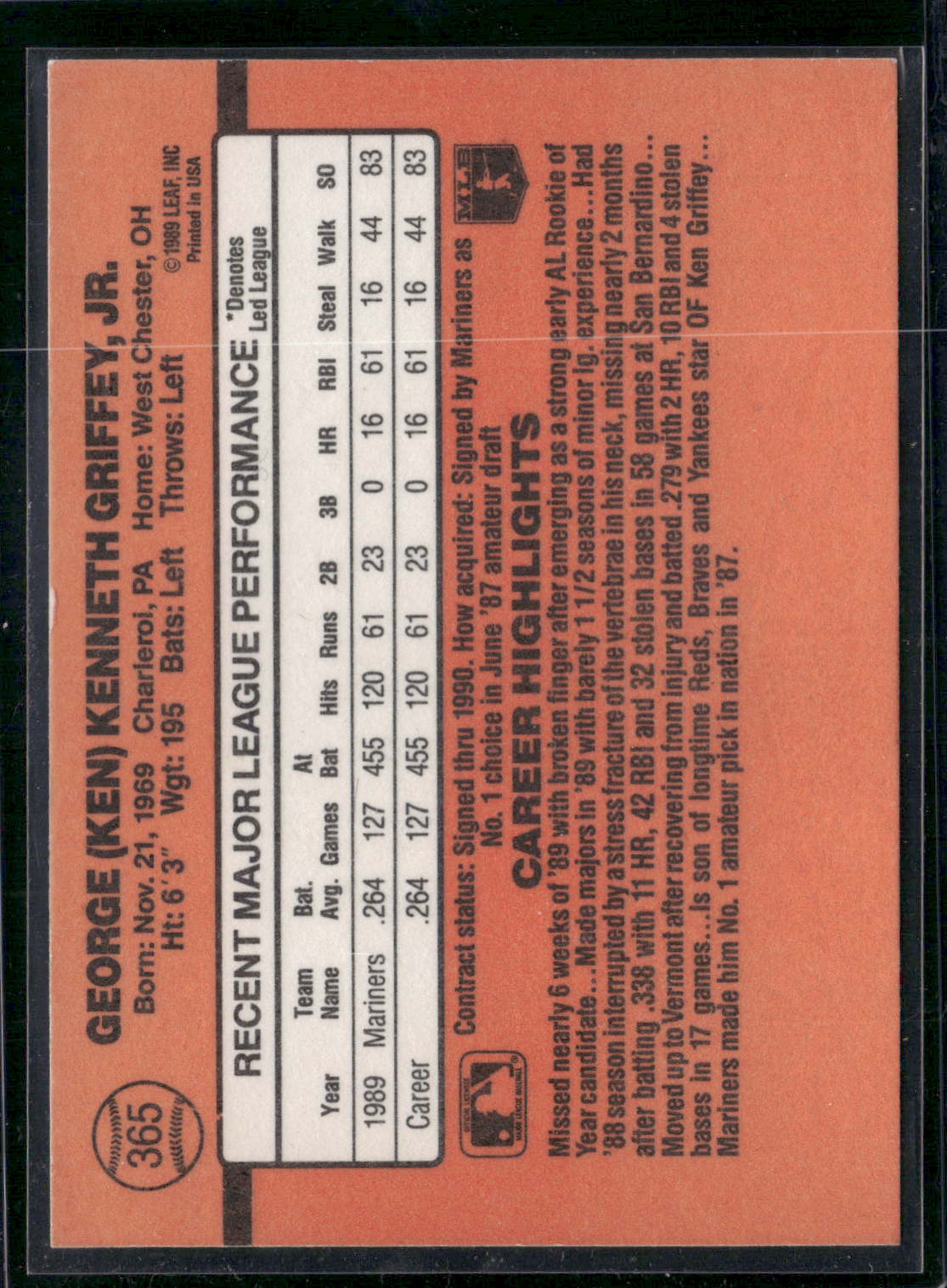 1990 Donruss KEN GRIFFEY JR. #365 Edge Chip (EX)