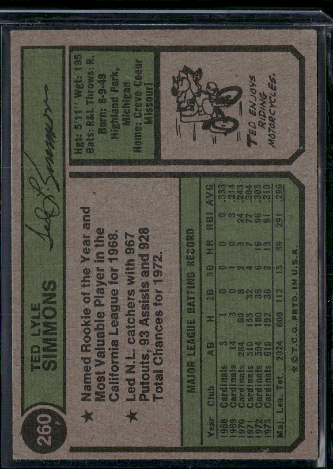 1974 Topps TED SIMMONS #260 (VG-VG/EX)