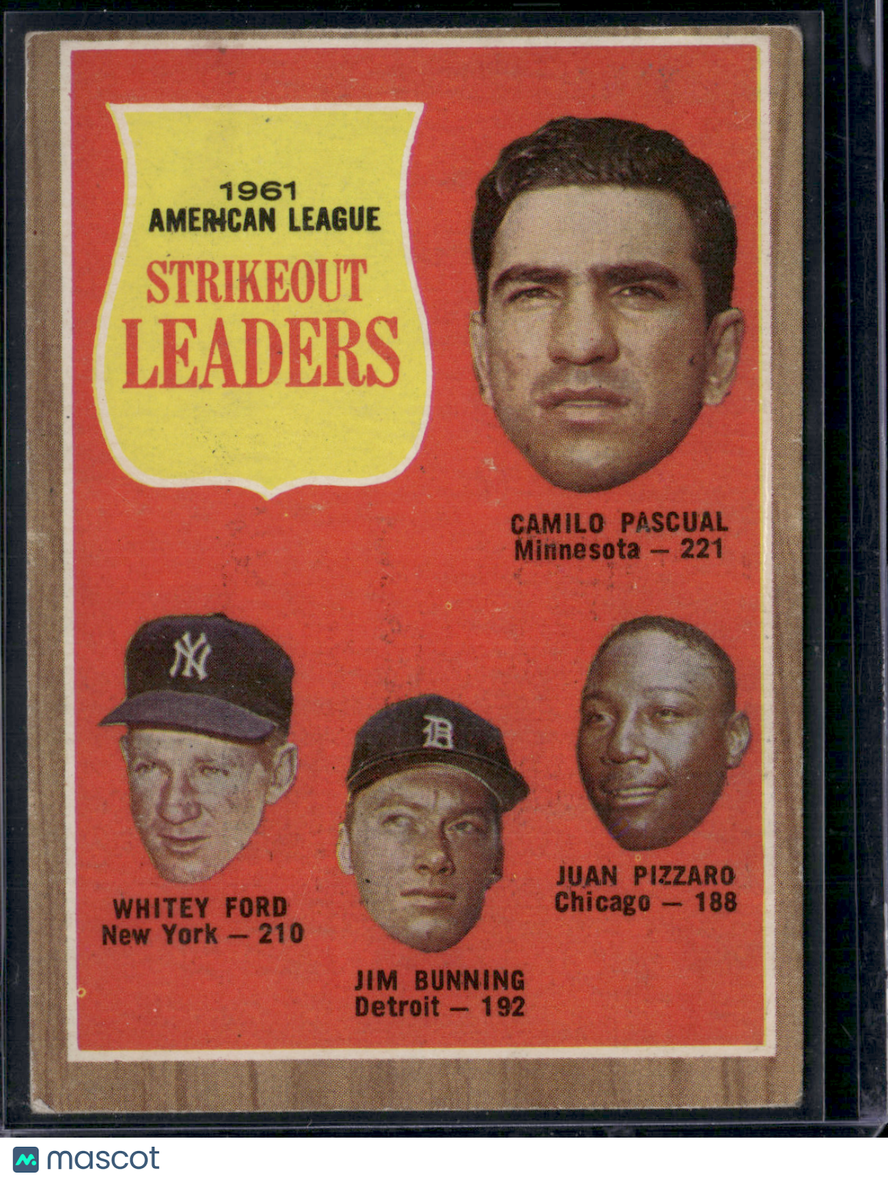 1962 Topps WHITEY FORD/BUNNING/PASCUAL/PIZZARO #59 1961 AL Strikeout Leaders(VG)
