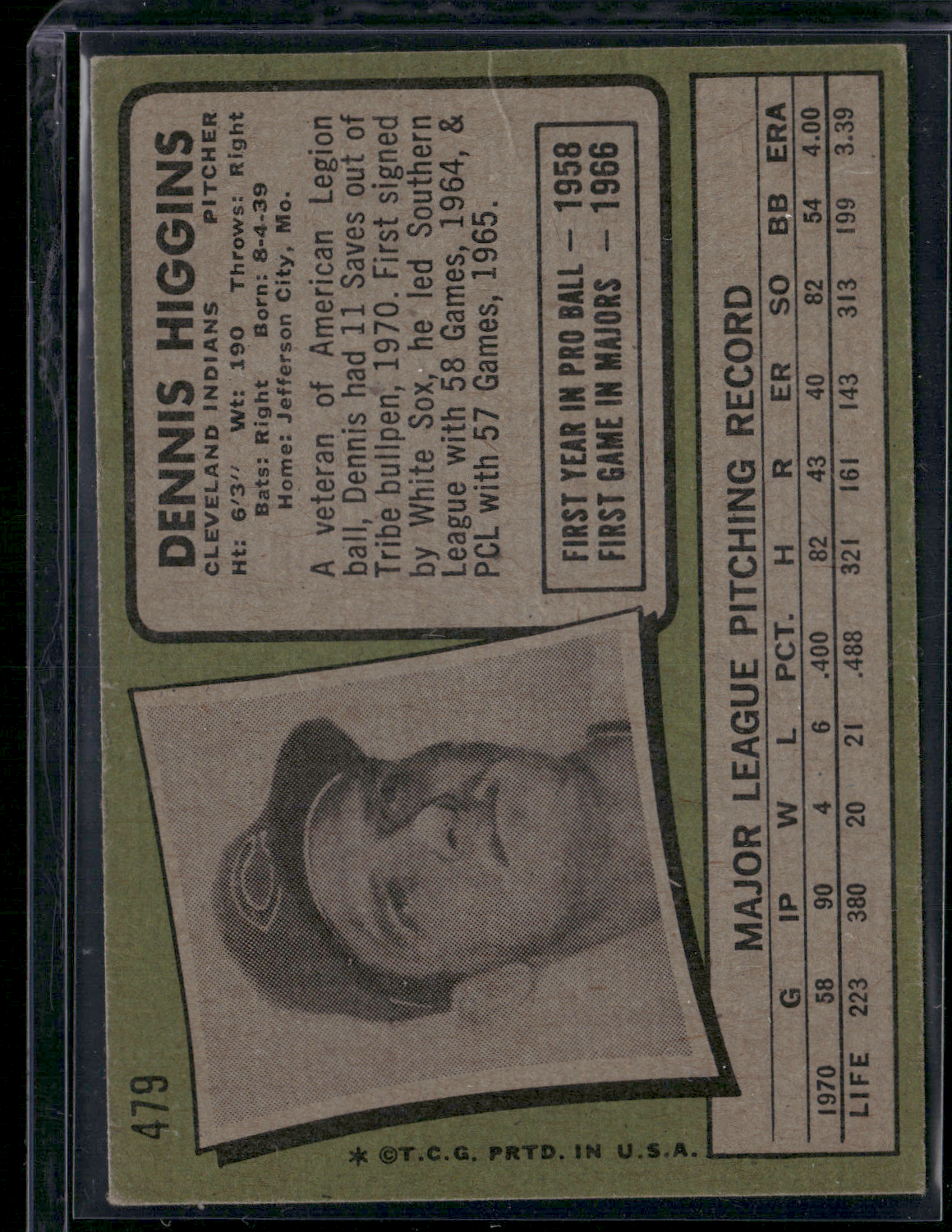 1971 Topps DENNIS HIGGINS #479 (Good - Wrinkles, Staining)