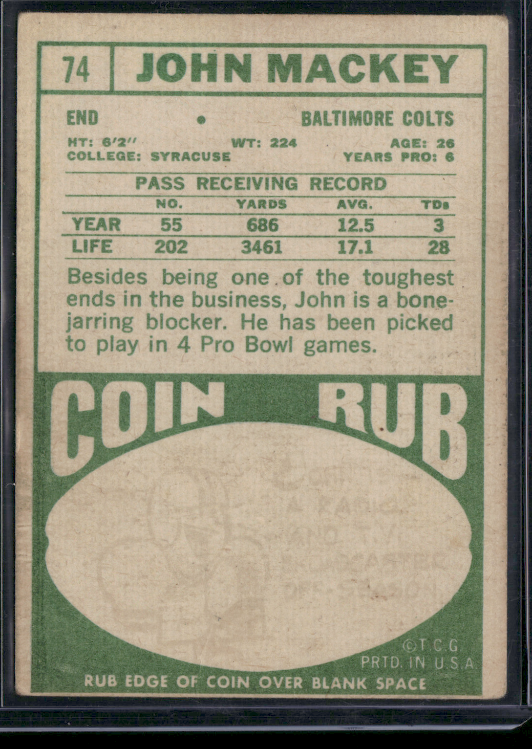 1968 Topps JOHN MACKEY #74 (VG-VG/EX)