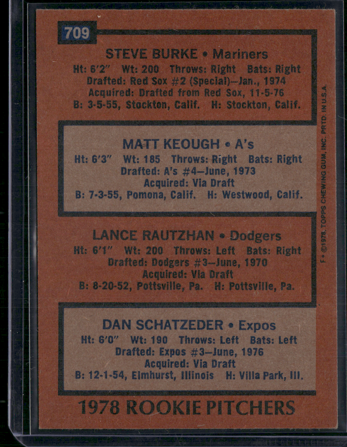 1978 Topps DAN SCHATZEDER/BURKE/KEOUGH/RAUTZHAN #709 1978 Rookie Pitchers (EX)