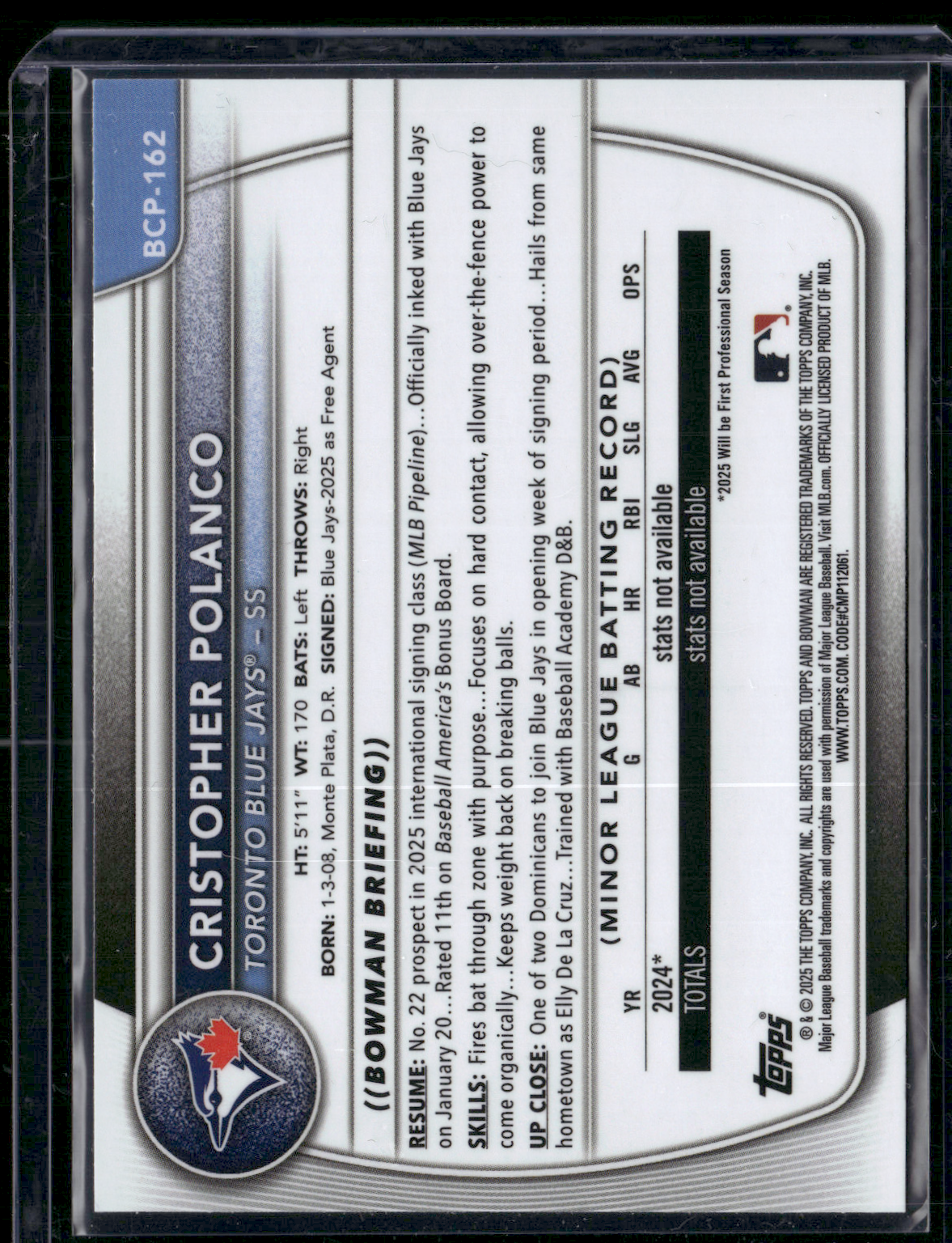 2025 Bowman Chrome CHRISTOPHER POLANCO #BCP-162 Chrome 1st Bowman