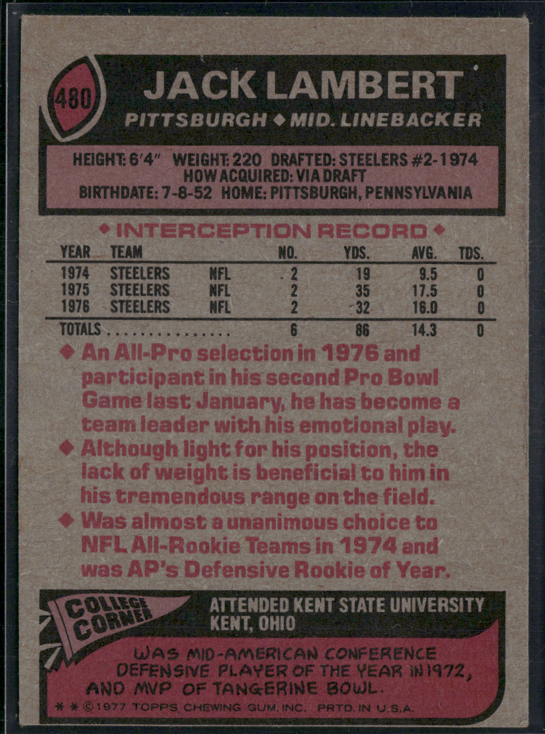 1977 Topps JACK LAMBERT #480 All Pro Stain Top Corner (VG-VG/EX)