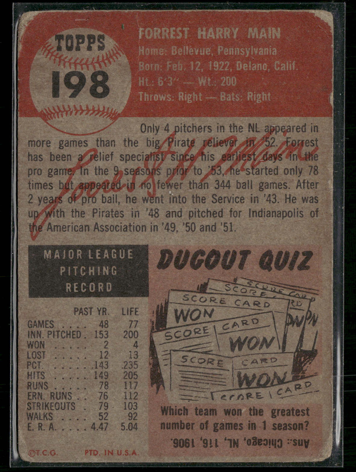 1953 Topps FORREST MAIN #198 Wrinkle Crease (Good)