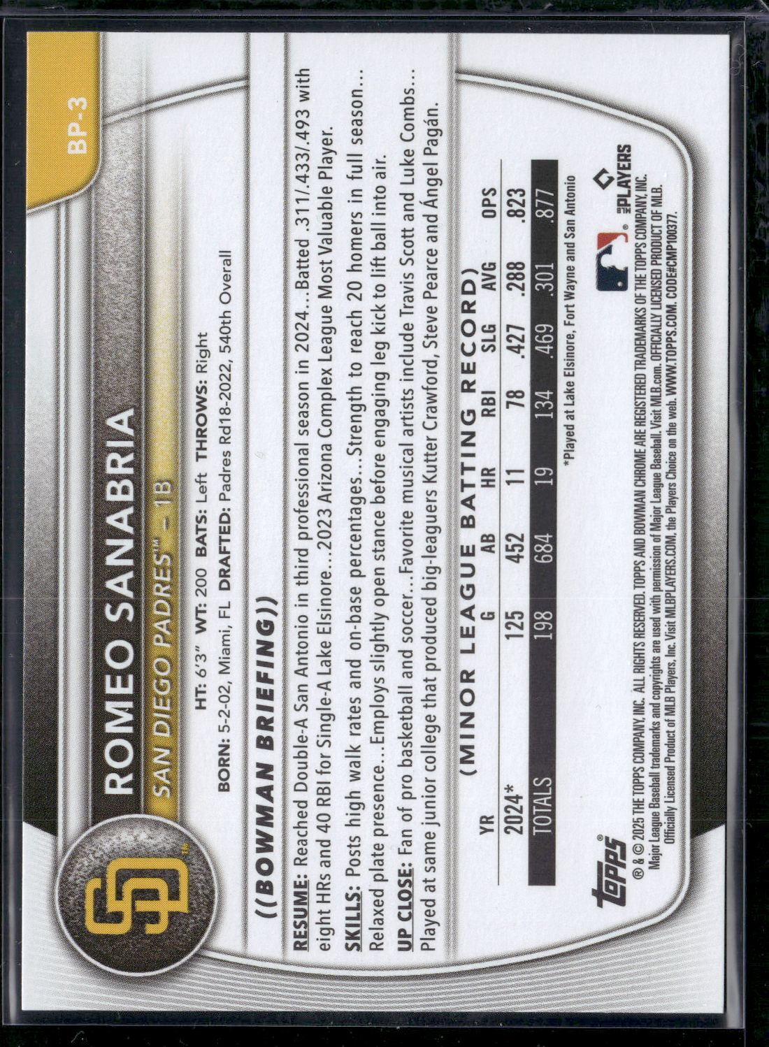 2025 Bowman ROMEO SANABRIA #BP-3 1st Bowman