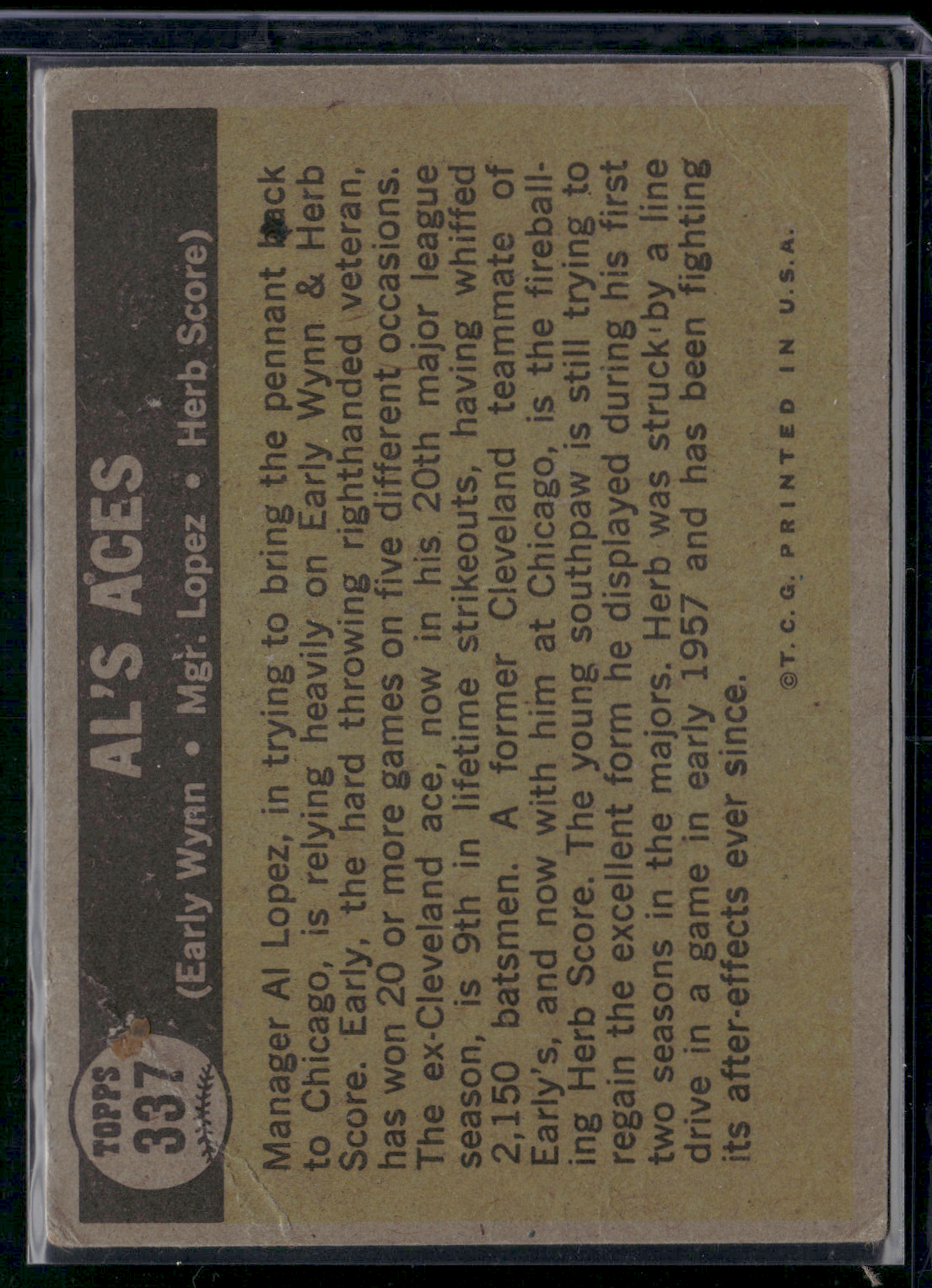 1961 Topps EARLY WYNN/AL LOPEZ/HERB SCORE #337 Al's Aces (Good)