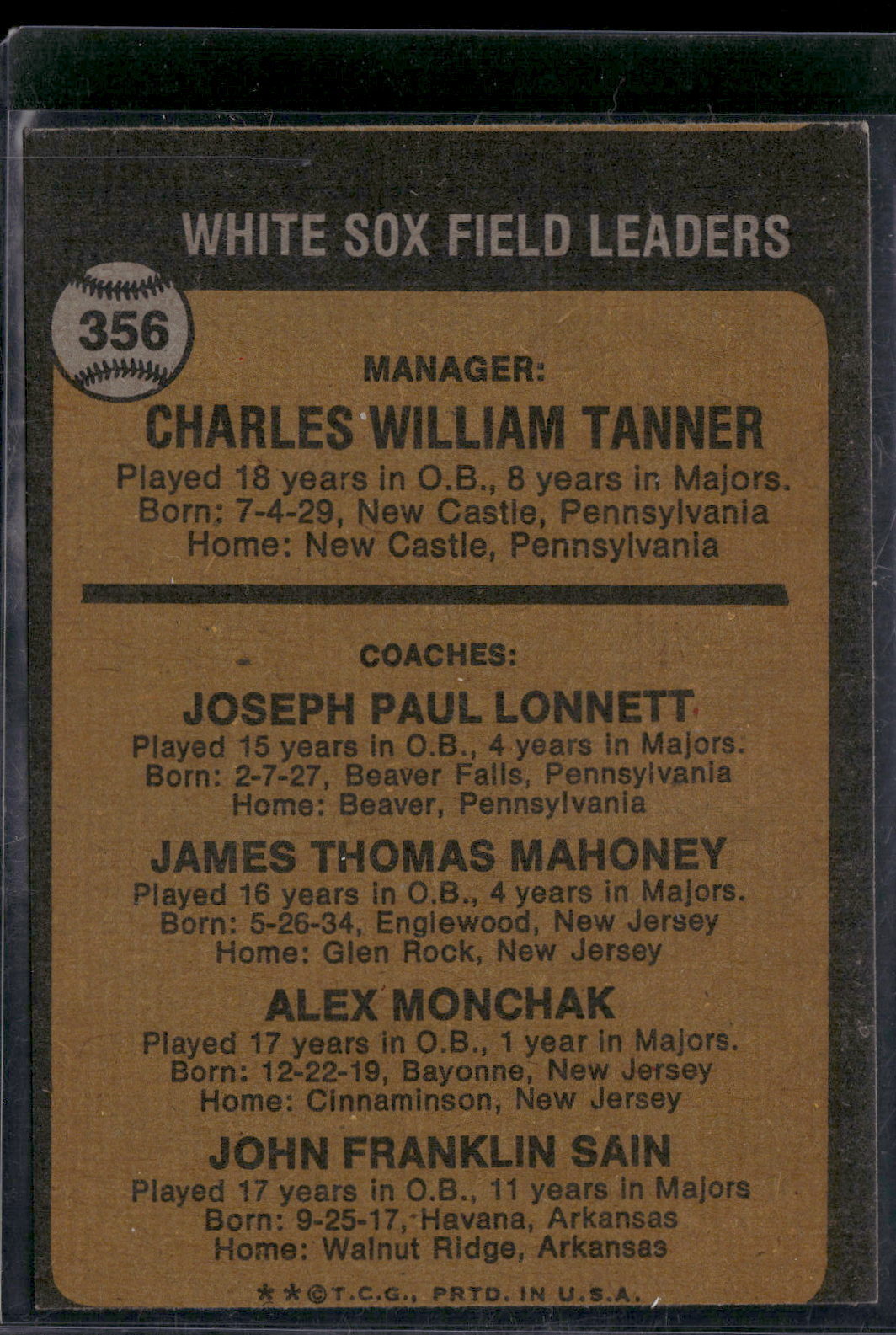 1973 Topps CHUCK TANNER #356 (EX-EX/MT)