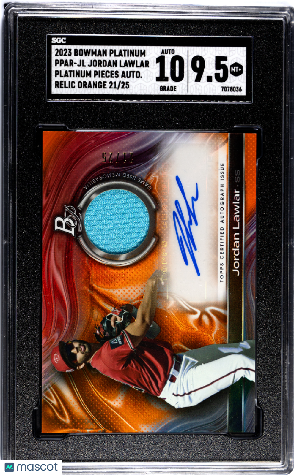 2023 Bowman JORDAN LAWLAR #PPAR-JL Orange Auto Relic 21/25 SGC 9.5 Auto 10